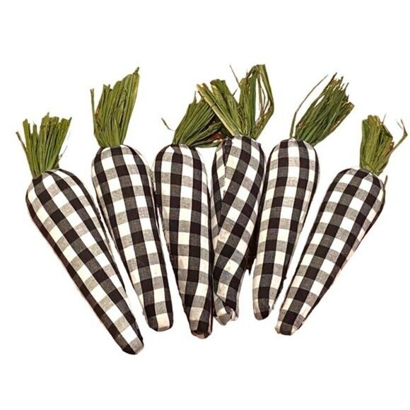 Easter Decor 6 Black and White Gingham Check Carrots New - Picture 1 of 1